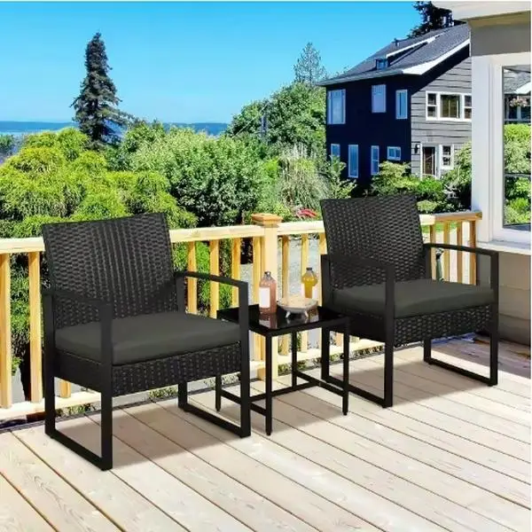 3-Piece Outdoor Furniture Set, 2 Waterproof Chairs and 1 Bistro Table Furniture Set, Wicker Rattan Conversation Set, Thickened Cushions with Safety Gl