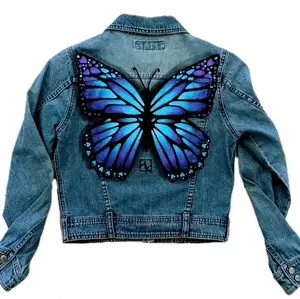 Denim Jacket Custom Blue Purple Butterfly Design Artwork XS Size Hand Painted Fashionable Outerwear