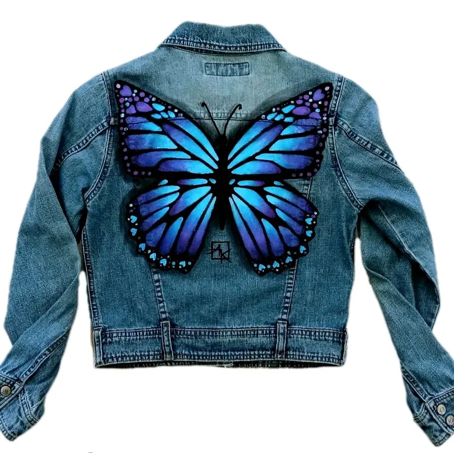 Denim Jacket Custom Blue Purple Butterfly Design Artwork XS Size Hand Painted Fashionable Outerwear