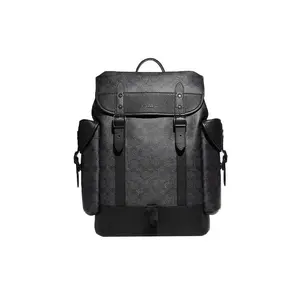 COACH Hitch 31 Classic Monogram Print Backpack with Drawstring and Snap Closure, Coated Canvas, Men’s Black and Gray
