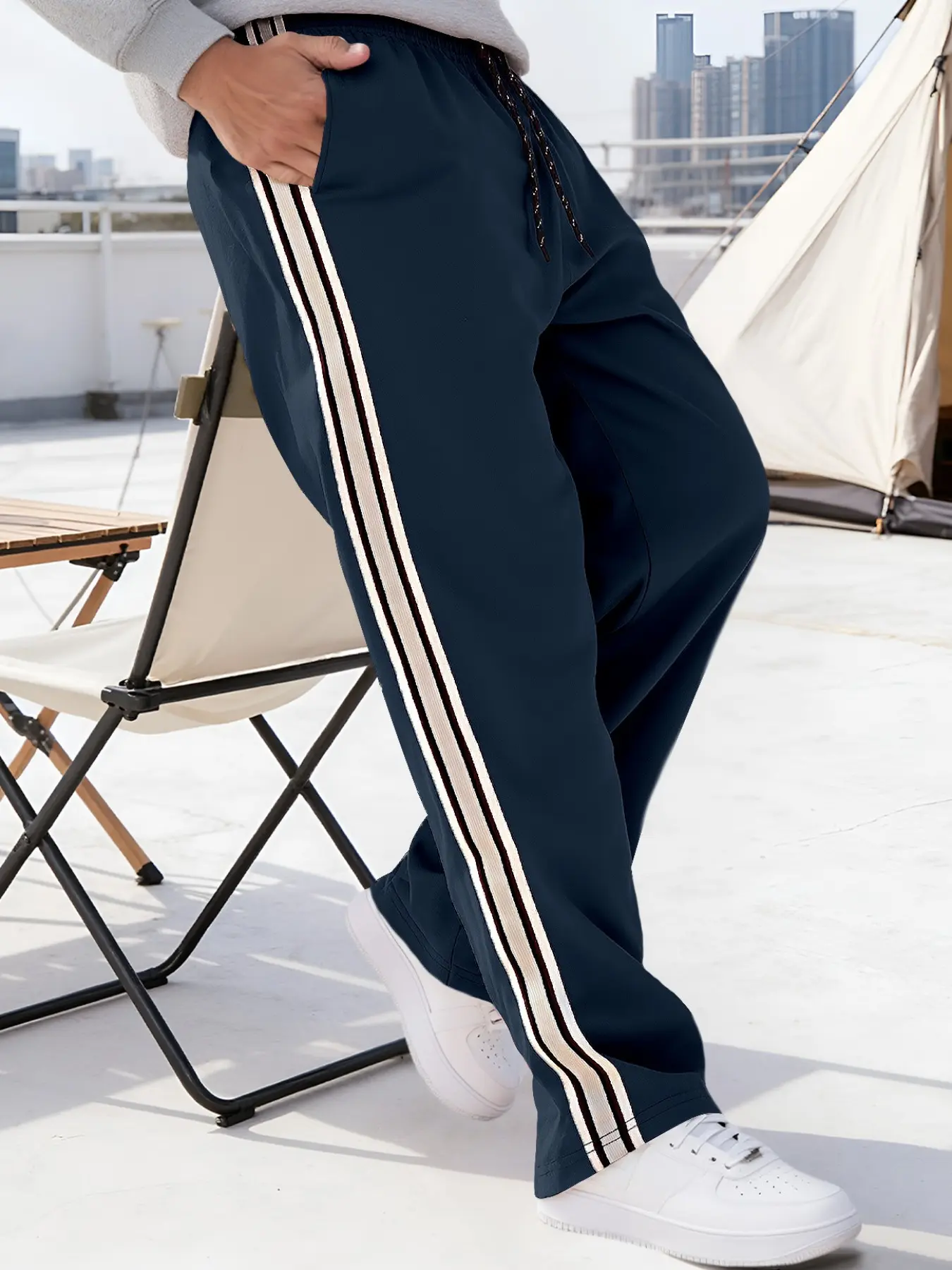 Men's side stripe drawstring waistband casual sports Fitting pants, daily wear leisure loose pocket pants, four-season fashion men's lower body wear, mens casual sports trousers, Athletic Bottoms, Athleisure style bottoms
