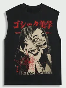American Vintage Gothic Aesthetic Split Face Print Vest, Streetwear Dark Fashion Top, Fitted Without Collar or Button, Pop Art Style