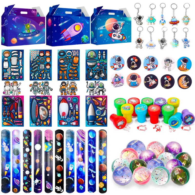 70pcs Unisex Space-Themed Full Party Kit - Plastic Paper Goody Bag Stuffers, Class Party Favors, Space Stamps, Slap Bracelets, Astronauts, Rockets, Planets, Festive Birthday Decor Supplies