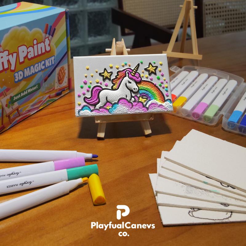 PlayfulCanvas Co. Magic Foam Texture Painting Kit 46 Pcs with 20 Foam Texture Papers & 12 Colors Acrylic Paint Markers for Kids Creative Development