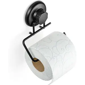Vacuum Suction Cup Toilet Paper Holder - Wall Mount No Drilling Bathroom Stainless Steel Tissue Roll Dispenser - Adhesive 3M Stick Disc Included (Black)