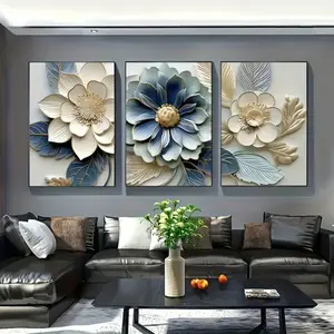 3 Pieces Abstract Blue and White Floral Art, Sofa Background Wall Mural, Fresh Elegant Home Art, Contemporary Gallery Decor, Blue Tone Painting, Wall Decor for Living Room and Bedroom, Framed or Unframed Options Available.