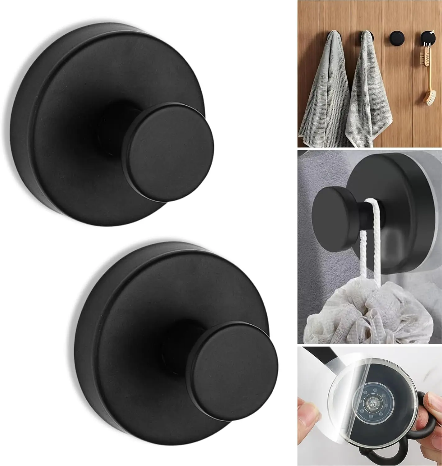 Suction Cup Hooks for Shower, Suction Cup Hooks for Door Wreaths, Robe Towel Hooks Heavy Duty for Bathroom Hanging, Windows, Kitchen, Glass, Mirror, No Drilling, 2/4 Pack (Black)