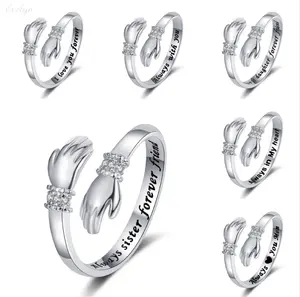 Hug Open Ring for Women, Adjustable Rhinestone Promise Ring with Engraved Detail, Romantic Hand Hug Design Jewelry Gift for Daughter, Girlfriend, Wife or Best Friend, Trendy Fashion Ring for Daily Wear & Special Occasions