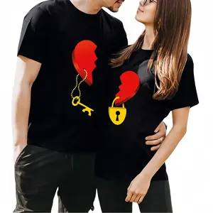 Women's Cute Soft Lock & Key Couple T-shirt Set - Matching Heart Graphic Cotton Black Short-Sleeve Tees for Him & Her, Romantic Lady Outfit, Valentine's Day/Anniversary Gift Summervibes