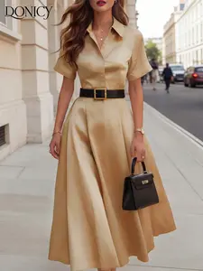 Classic Woven Shirt Dress, Women's Elegant Mid-Length Dress, Collared Short Sleeve Design, Fashionable and Versatile, Suitable for Work and Daily Wear