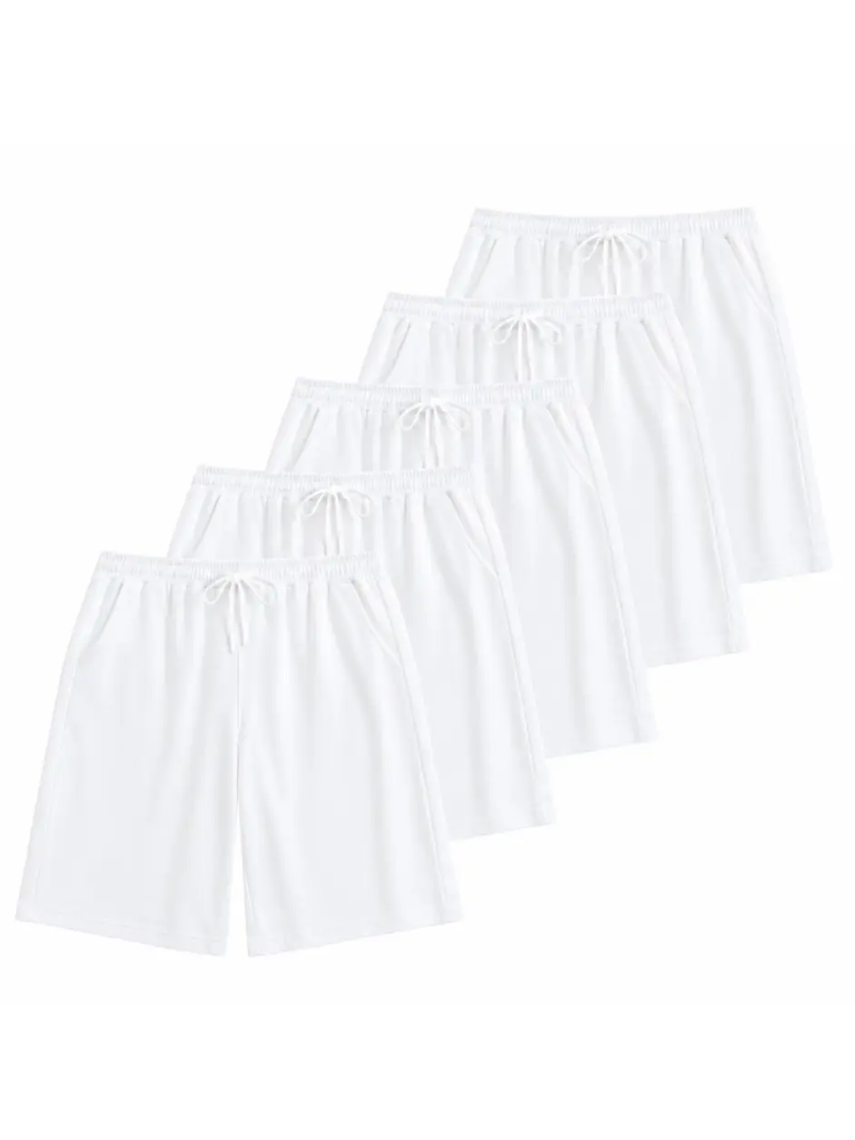 Men's 5-Pack 100% Cotton Sweat Shorts - 2 Black, 2 White, 1 Heather Gray, Adjustable Drawstring Waist, Deep Side Pockets, Breathable Fabric, Relaxed Knee-Length Fit for Lounging, Workouts quick-dry athletic short fathersdaygift grey summer, Casual, Classi