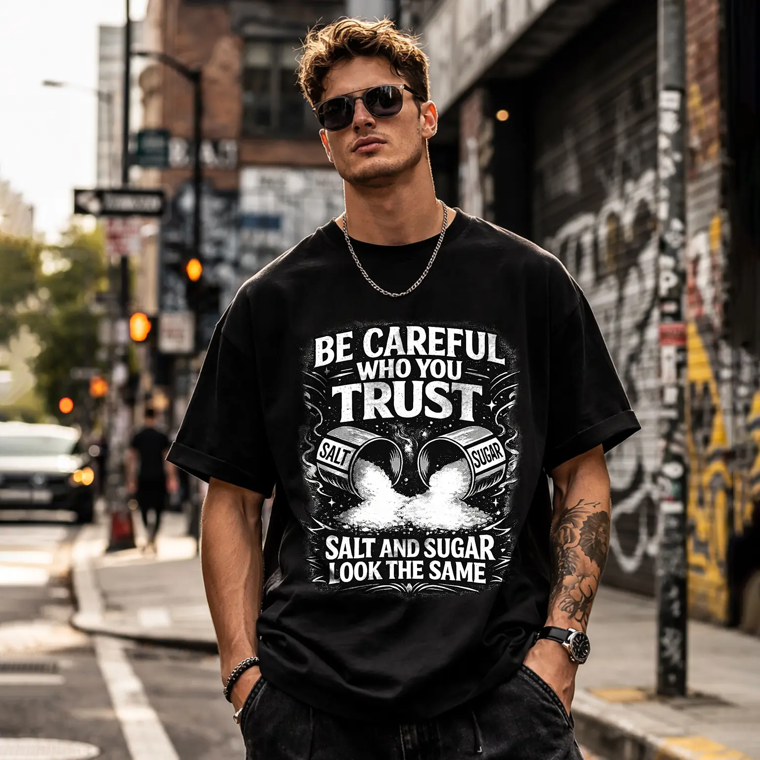 "Be Careful Who You Trust" Streetwear Graphic Tee | Salt and Sugar Look the Same Funny Quote T-Shirt | Edgy Urban Aesthetic Unisex Top