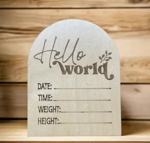 Dolce Crafts Hello World, Baby Stats , Birth props , Baby sign engraved in wood , baby shower gift Decor Nursery