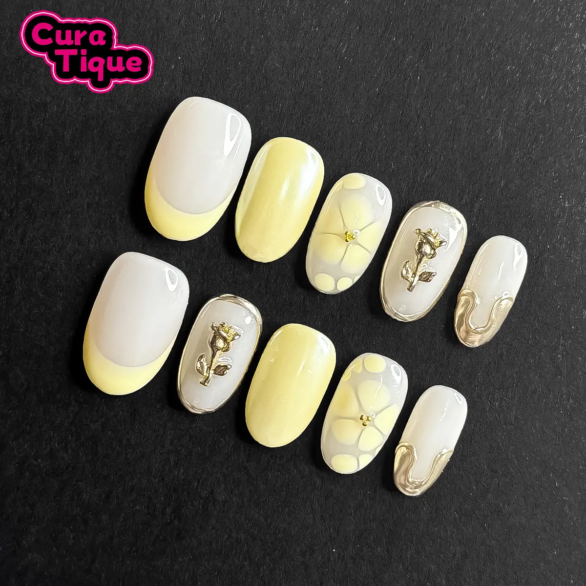 CuraTique Canary Rose 10PCS Handmade Reusable 3D Gel Press On Nails - Beauty Products for 2025 Spring/Summer, Prom