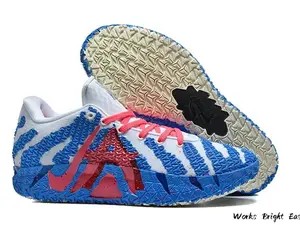 Bold Blue and White Basketball Shoes with Dynamic Traction Pattern and Breathable Mesh Upper