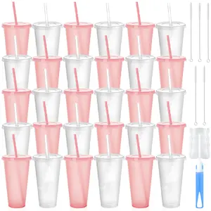 HILAKE 30pcs 24oz Pink Clear Plastic Water Cups, Reusable Drinkware with Portable & Easy Clean Design, Perfect for Daily Hydration, Home, Office, Restaurant, Gatherings, St. Patrick's Day & Mother's Day Gifts