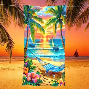 Tropical Sunset Palm Tree Print Microfiber Quick-Dry Beach Towel, Absorbent Fast-Drying Hair Dryer, Portable Vacation Towel