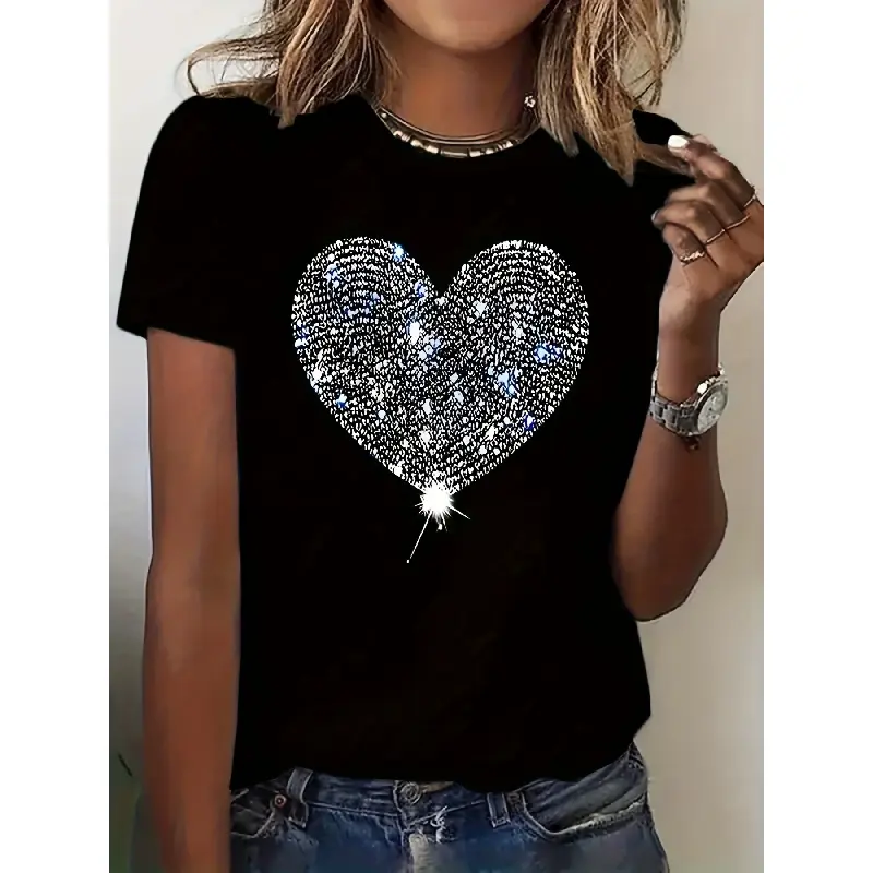 Women's Short-Sleeve Athletic T-Shirt - Round Neck, Diamond Heart Print (Non-Real Diamonds), Breathable Fabric, Spring Summer Casual Printed Top, Shortsleeve, Tshirt, 3Xl, Cotton, Cute, New Year