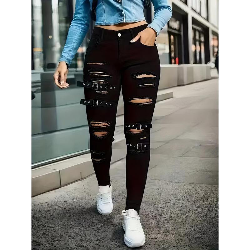 Women's Black Ripped Slim High-Waist Jeans with Buckle Button Straps - TikTok Viral Y2K Goth Lady Denim Pants, Punk Rock Fashion Style Streetwear Trousers