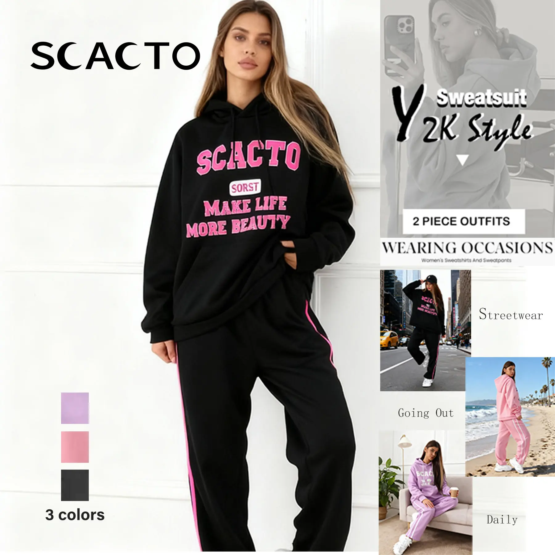 Scacto Women's 2 Piece Hoodie Tracksuit Set Oversized Graphic Pullover Hoodie & Loose Fit Jogger Pants Cotton Blend Fleece Sweat Suit Fall Winter Streetwear Lounge Outfit Casual Streetwear Y2K Lounge Outfit