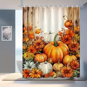 Autumn Harvest Thanksgiving Pumpkin Bouquet Embellished with Warm Pastoral Shower Curtain, Perfect for Bathroom Decoration, Partition, Beautify Space, Polyester Durable Material, Easy to Wash, Machine Washable, Multi Sizes Optional, Send Hooks