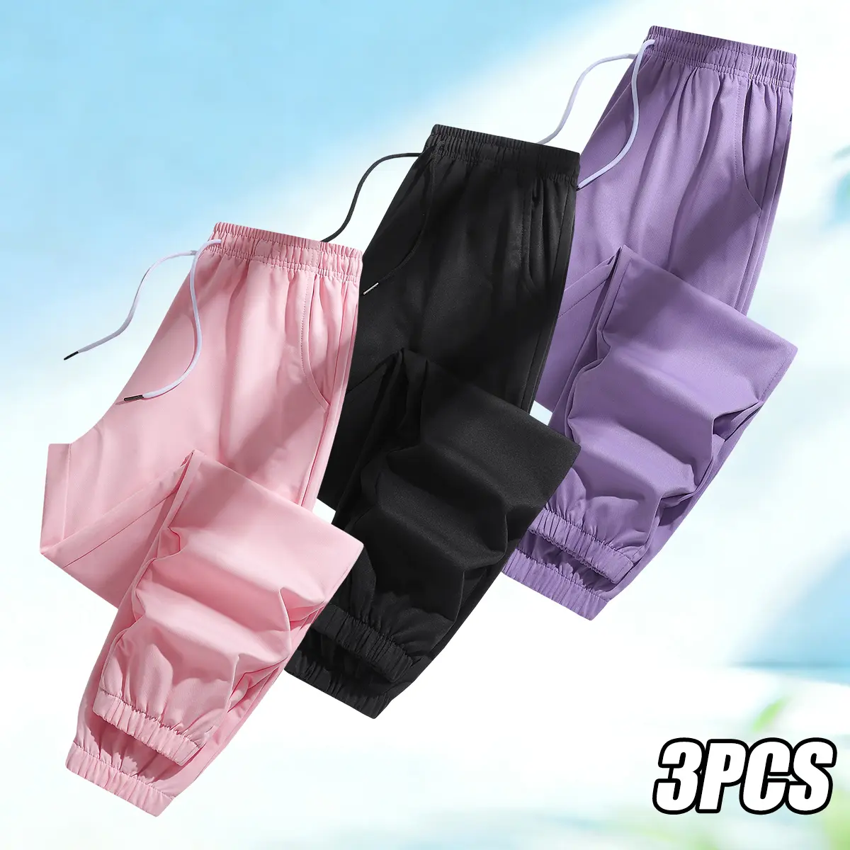 Women’s 3-piece set of stylish casual solid-color joggers with drawstring waist and large pockets, suitable for sports, streetwear, and everyday wear