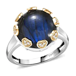 D'Joy AAA Malagasy Labradorite, White Zircon Ring in Rhodium Over Sterling Silver (Size 10.0) 13.00 ctw