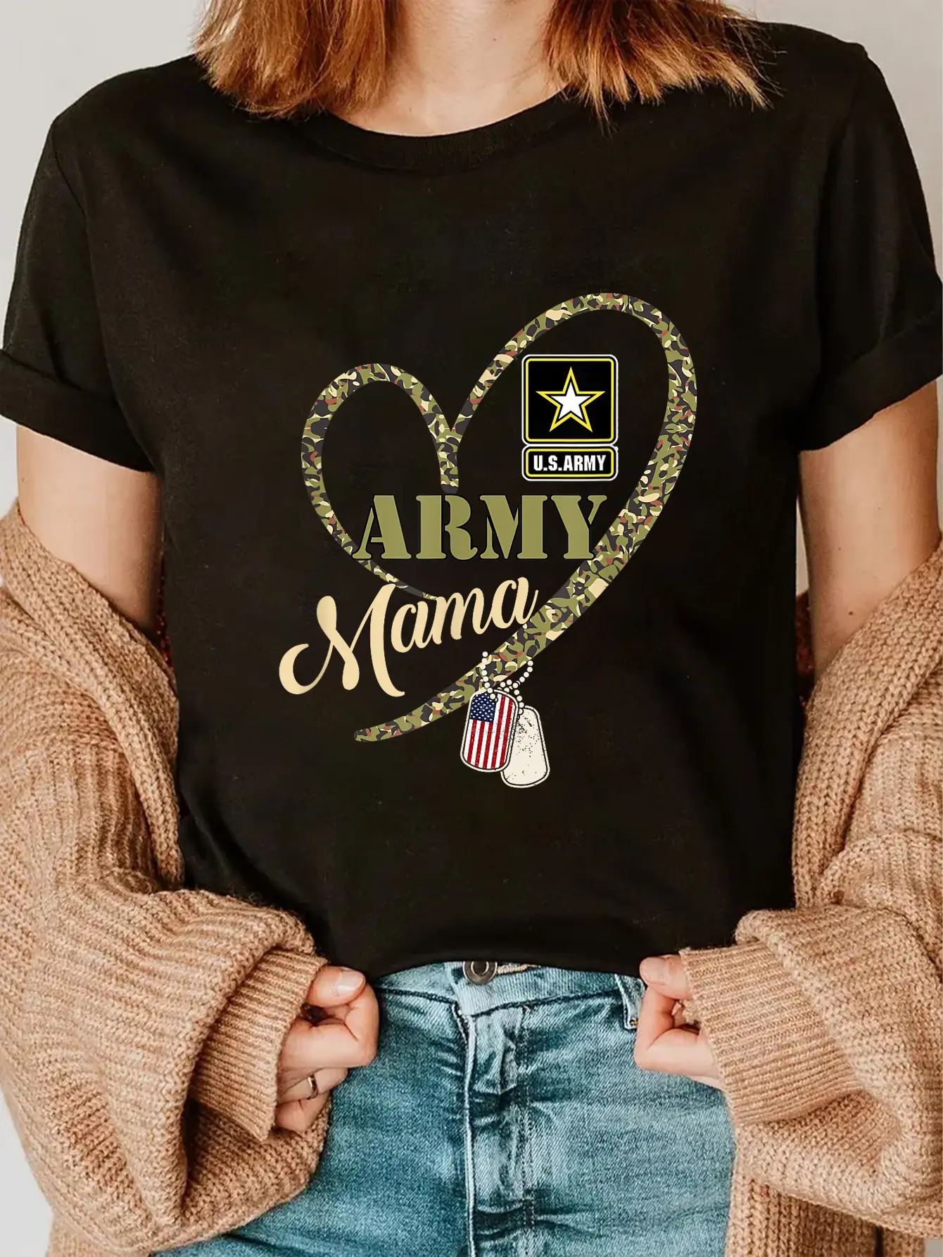 Women's 100% Cotton Short-Sleeve Casual Everyday Graphic T-Shirt, Proud Army Mama Military Heart Camouflage Top, Tops, Shortsleeve, Round Neck