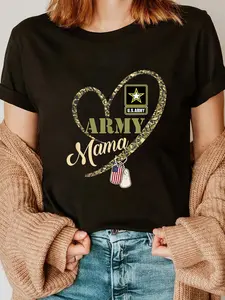 100% Cotton Proud Army Mama Clothing Funny Military Heart Camouflage T-Shirt