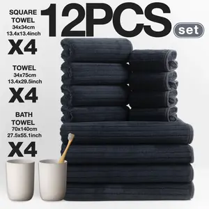 12-Piece Luxury Striped Bathroom Towel Set, Includes 4 Bath Towels & 8 Handkerchiefs, Super Absorbent Quick-Dry Microfiber Material