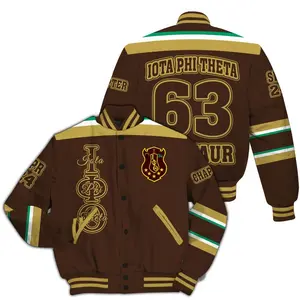 Iota Phi Theta Varsity Jacket, Custom Chapter Gilded Gold Charcoal Brown Outerwear, Fraternity Street Style, Greek Life Brotherhood Jacket