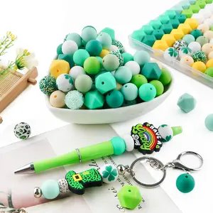 140pcs/box Silicone Beads and Acrylic Beads Set, St Patrick's Day DIY Jewelry Making Kit, Perfect for Bracelets, Necklaces, Beaded Pens, Diy Mix Beads