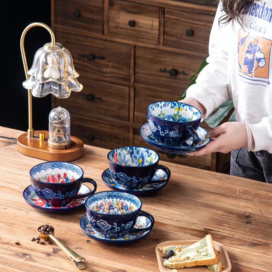 Bohemian Ceramic Cup Set, 13.5oz Milk Oatmeal Mug, High-Value Large Capacity Home Water Cup, Microwave Safe Dishwasher Friendly, Drinking Tea Cup Teacup