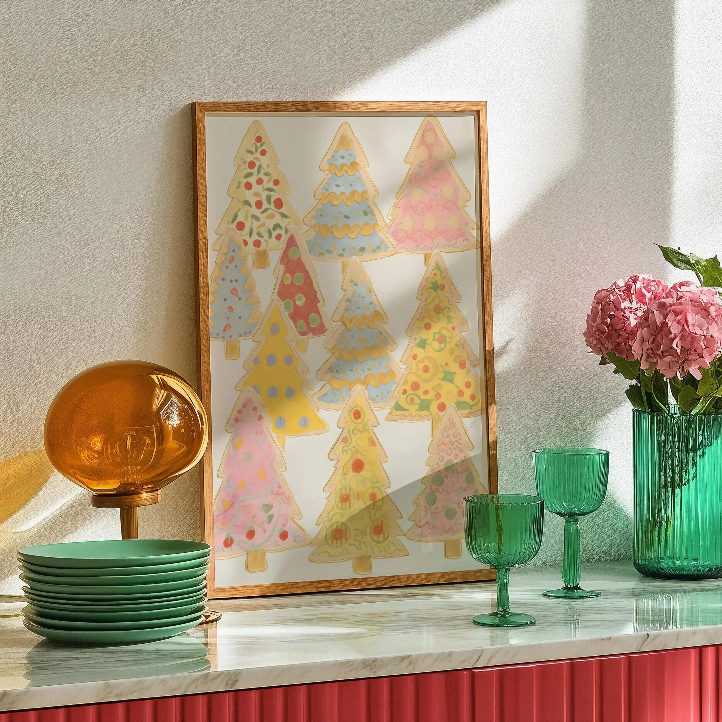 Pastel Christmas Tree Poster Unframed : Vintage Holiday Decor