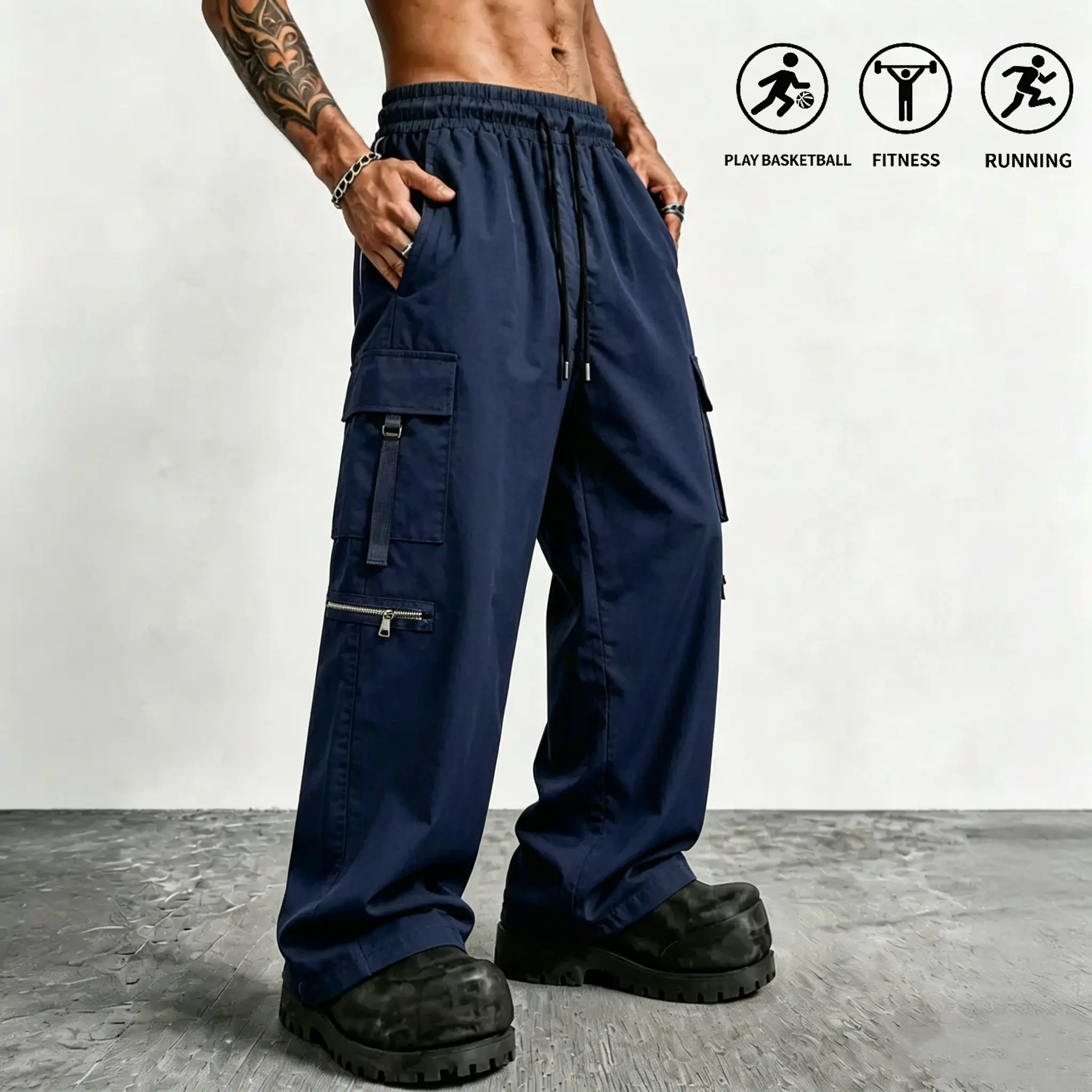 Men's Hip-Hop Streetwear Cargo Pants, Multi-Pocket Zipper-Detail Elastic Waist Drawstring Baggy Wide-Leg Casual Trousers for Young Guys