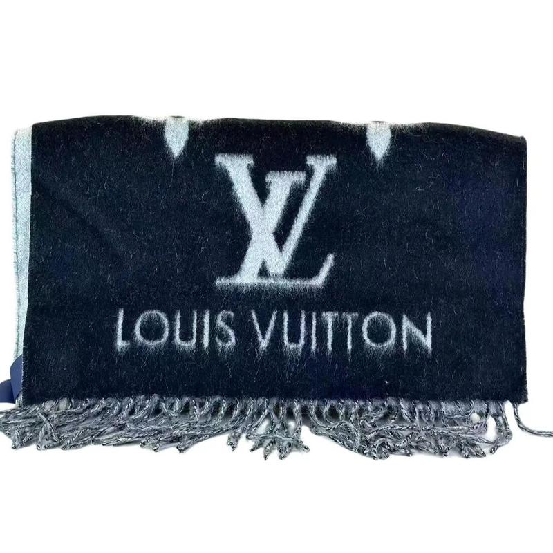 Pre-owned Louis Vuitton Cashmere Small Leather Goods Reykjavik Scarf Navy Blue with LV Logo & Fringes Accessory