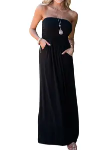 AUXDIO Women’s Black Strapless Maxi Dress | Party Evening Dress with Pockets | Tube Top High Waist Long Dress for Party & Vacation