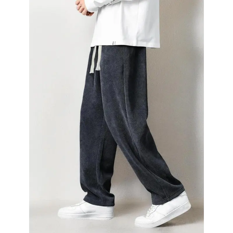Men's Plain Pocket Drawstring Waist Corduroy Sweatpants, Fashionable Loose Baggy Straight Leg Pants For Men, Fall Pants For Men, Streetwear Trousers Menswear, Lazy Drippy Outfits Going Out Outfit, Fallfreshness Clothes Pantaloons