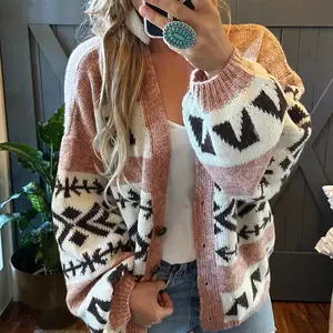 2026 Hot Selling New Women's Casual Drop-Shoulder Lantern Sleeve Cardigan, Geometric Print Button-Up Cardigan, Fashionable Women's Knitwear, Suitable for Everyday Wear and Autumn.