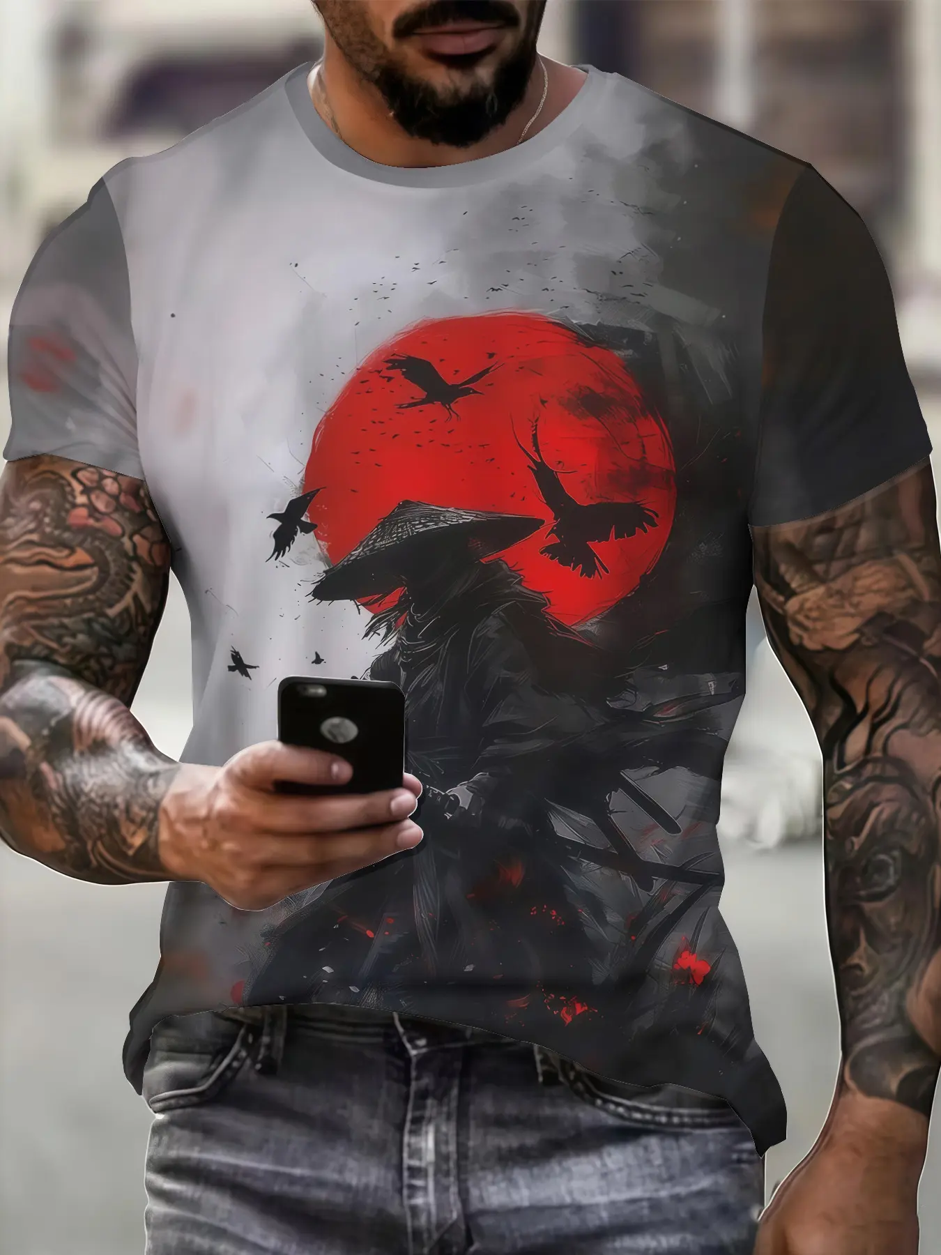 Moonlight Ninja Pattern Digital Print Short Sleeve Trendy Men'S Summer Casual Fashion