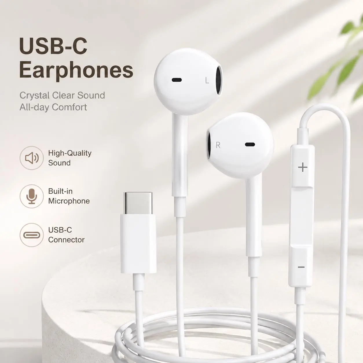 Wired Earphones, Portable Wired Earplugs with Microphone and Volume Control, Universal In-ear Headphones for Type C Devices
