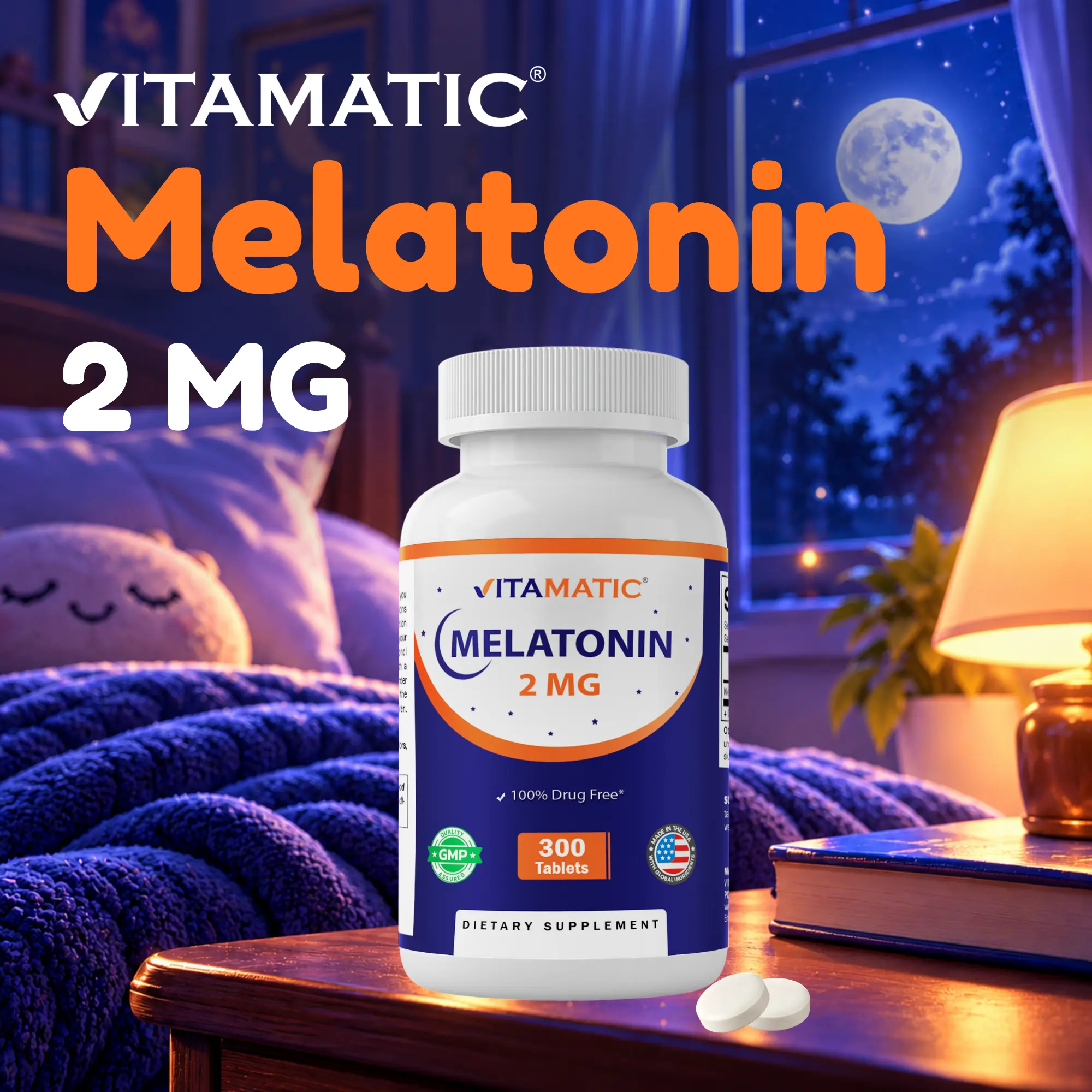 Vitamatic Melatonin 2 MG 300 Tablets - 100% Drug Free - Sleep Aid Supplement - 300 Tablets per Container - USA Made