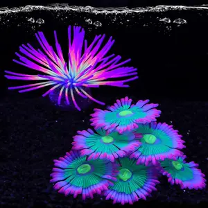 2pcs Silicone Glowing Effect Aquarium Fish Tank Decorations, Artificial Soft Anemone Coral Plants Ornaments for Aquarium Decor Landscape, Glow in Dark Fish Tank Accessories Decorations(Pink)