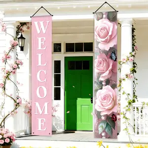 1 Pair 2D Flat Banners, Yard Sign Banner, Spring-Themed Front Door Porch Sign Party Banners with "WELCOME" Lettering, Pink Rose Design, Polyester, Suitable for Spring Parties, Home, Indoor/Outdoor Celebrations, Hanging Decorations