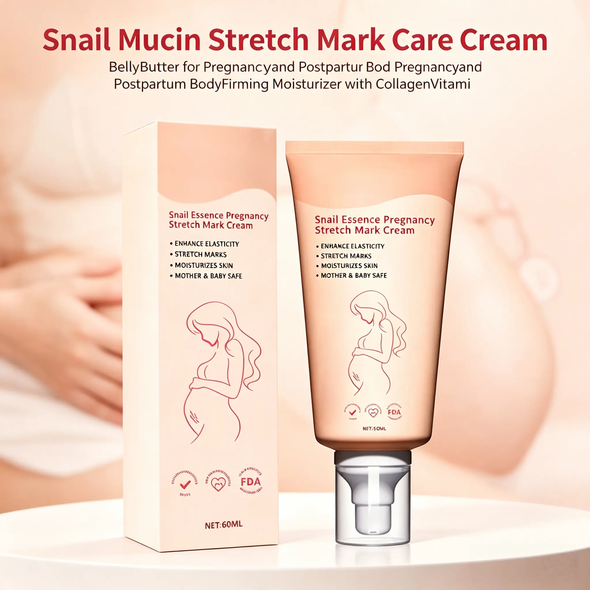 Snail Mucin Stretch Mark Cream for Belly & Hips - Belly Butter with Collagen & Glycolic Acid, Fragrance Free Moisturizer for Postpartum Recovery & Pregnant Women, Firms Skin, 24 Months, Us