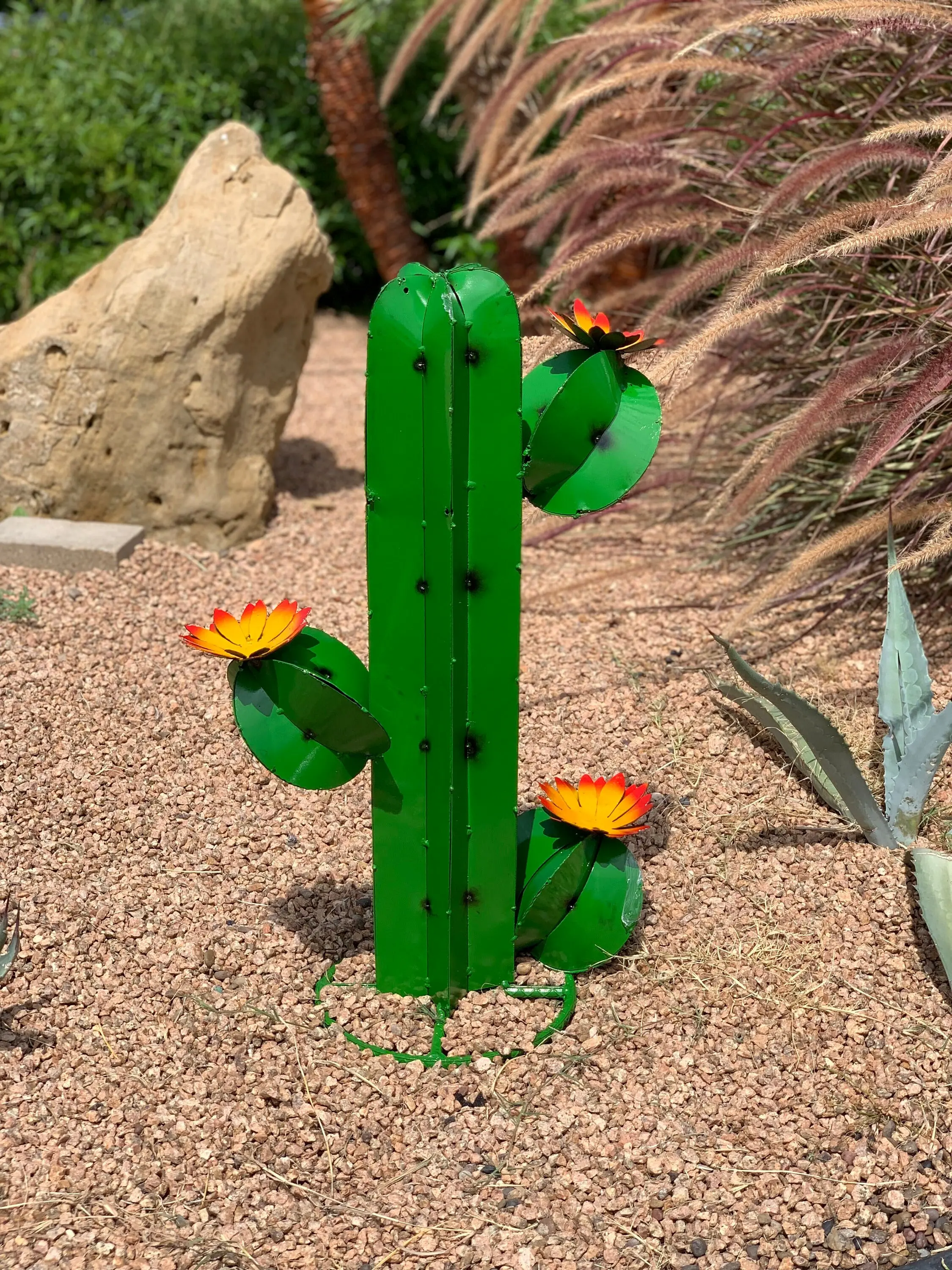 24" Handmade Metal Saguaro Cactus with Flowers – Southwest Desert Garden Sculpture