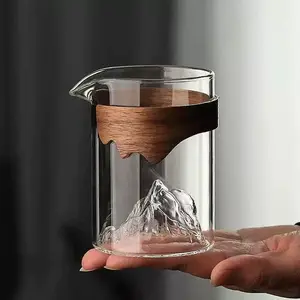 Viral Aesthetic Japanese Mountain View Glass Gongdao Bei | Food Grade Lead Free Borosilicate Glass Fairness Pitcher | Anti-Scald Wooden Sleeve Tea Dispenser with Integrated Strainer | for Kung Fu Tea Lovers Kitchen Decor Home Tea Set Japanese Tea Tools