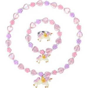 L-NKL030 Todder Girls Jewelry Set,Unicorn Necklace Ring Set,Girls Love Necklace Party Favors adults and Kids Pretend Dress up Play Jewelry,Children Unicorn Ring