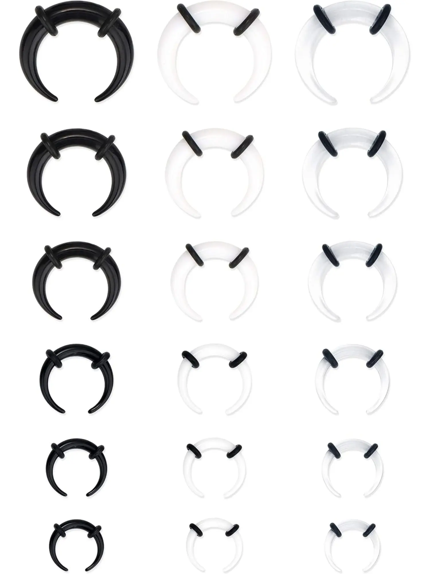 Stylish 18 Pcs Black White Transparent Acrylic Pincher Tapers Septum Rings Septum Clicker for Women Men C Shape Buffalo Stretcher Expander with Black O-Rings for Stretching Pierced Nose Ear Cartilage Nose Ring Jewelry
