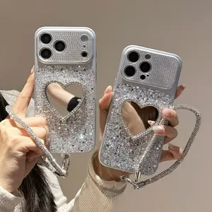 Women's Apple Case Full Diamond Lens Glitter Heart Mirror Stand Full Diamond Bracelet Apple Phone Case for iPhone 17/16/15/14 Series